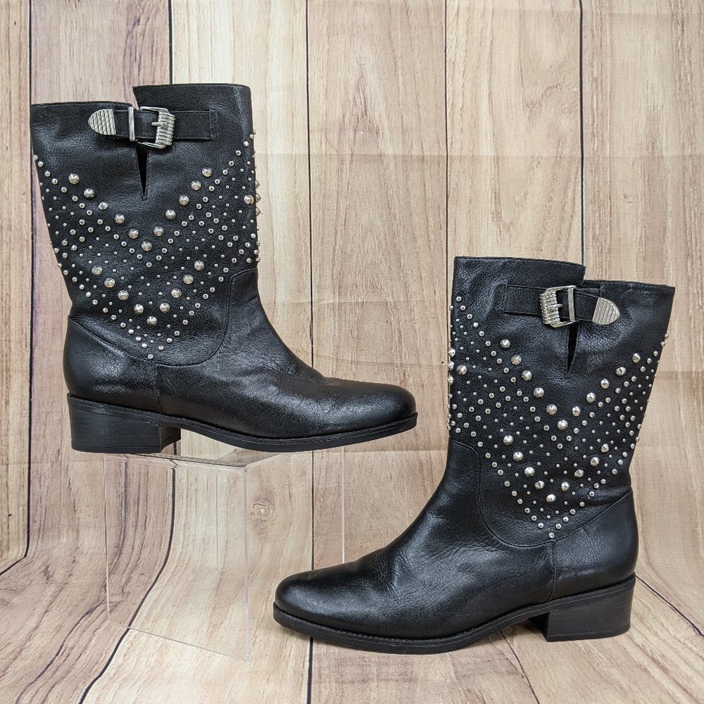 SCHUTZ Aliria Studded Moto Boots Sz 6 Black Leather Silver Hardware Buck… - Picture 5 of 9